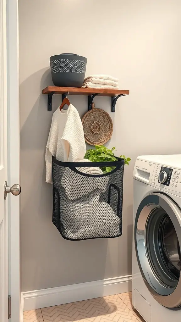 25+ Creative Wall Mounted Laundry Hamper Ideas for Space-Saving Solutions 5 A modern mesh laundry hamper with hooks on a wall, featuring a shelf with towels and a plant.