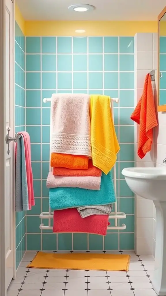 23+ Stylish Bathroom Towel Rack Ideas You’ll Love 10 Colorful towels hanging on a white towel rack in a bright bathroom