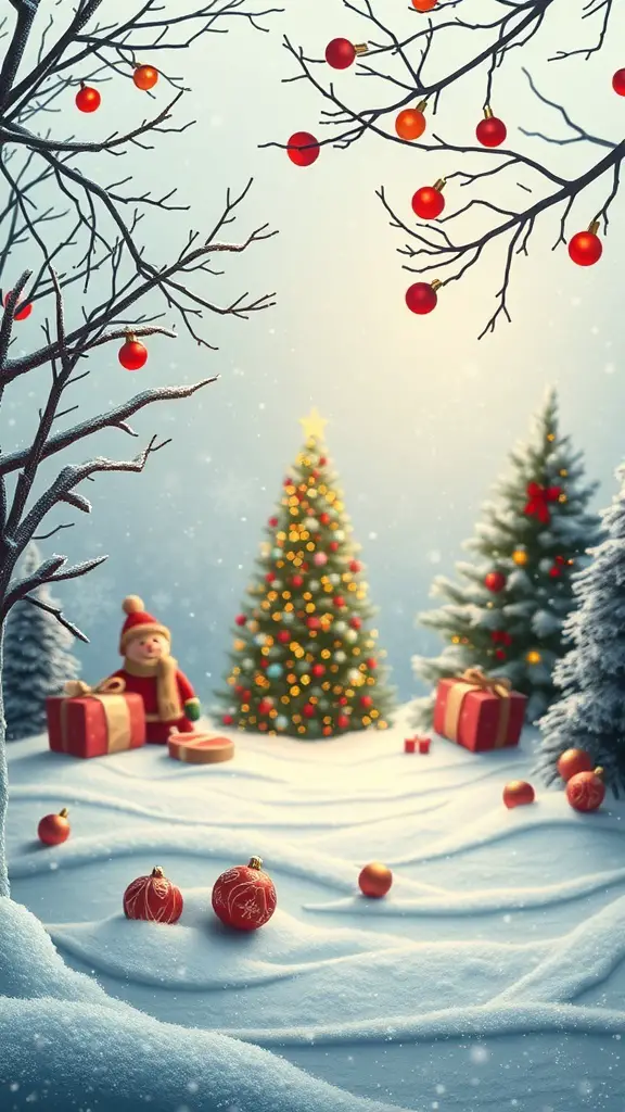 A snowy scene with a Christmas tree, snowman, and colorful ornaments, perfect for holiday invitations.