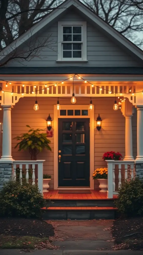 A house exterior decorated with vintage style bulb lights on the porch