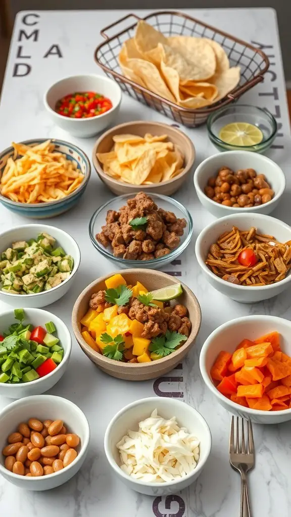 A variety of taco ingredients including shells, meats, vegetables, and toppings arranged on a table.