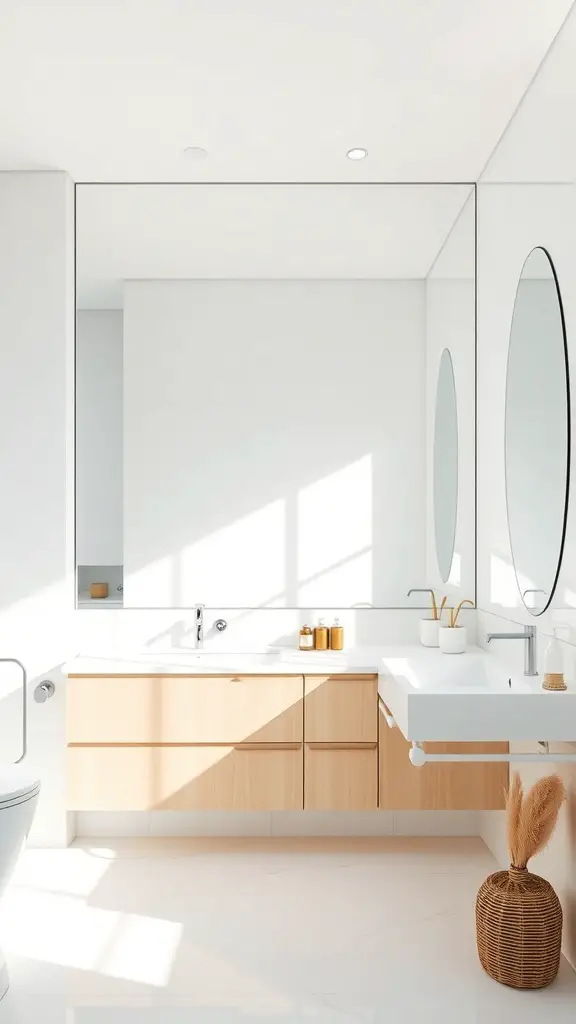 25+ Chic White Bathroom Ideas for a Timeless Look 11 A bright and modern bathroom featuring large white mirrors and natural wood cabinetry.