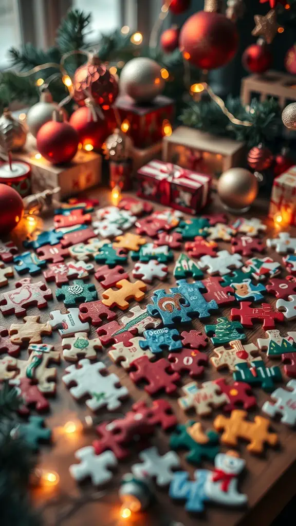 29+ Creative Christmas Stocking Ideas to Delight Everyone 3 A colorful assortment of miniature puzzle pieces scattered on a festive table with Christmas decorations.