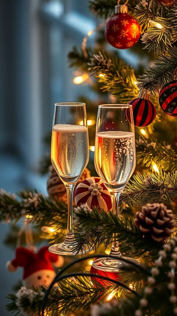 27+ Stunning Champagne Christmas Tree Ideas You Need to Try 5 Two frosted champagne glasses on a Christmas tree with ornaments and lights.