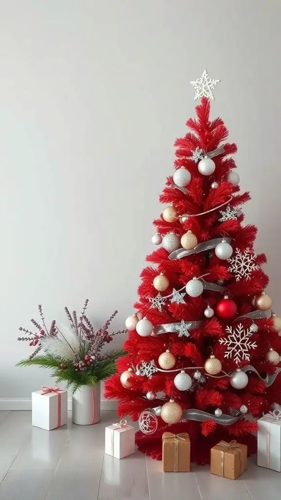 A vibrant red Christmas tree decorated with silver and white ornaments, alongside a festive arrangement of gifts and a floral display.