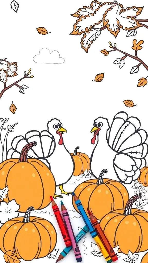 Thanksgiving coloring page featuring two turkeys and pumpkins
