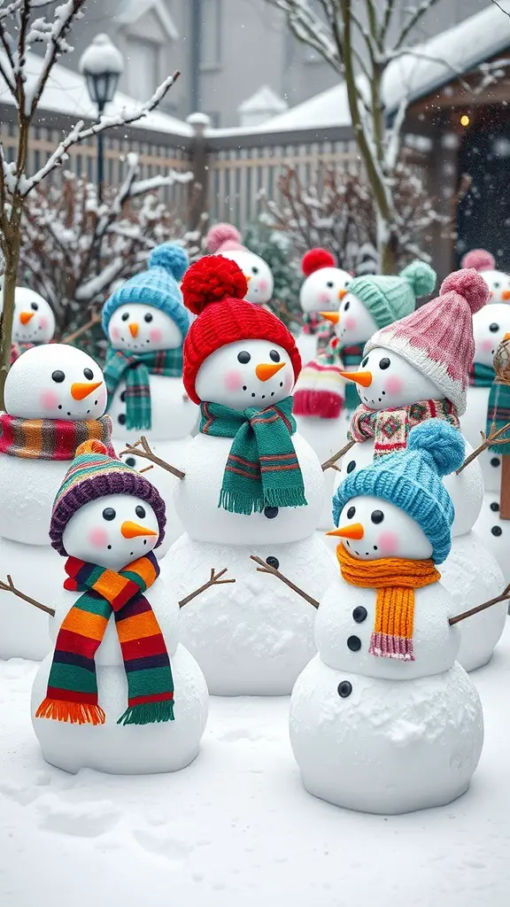 A cheerful display of snowmen wearing colorful hats and scarves in a snowy yard.