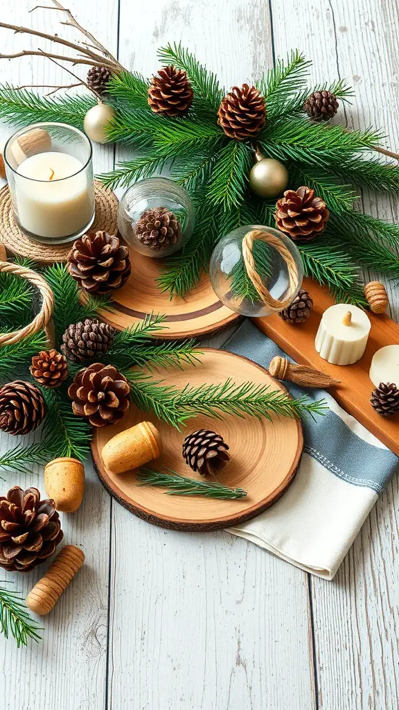 A rustic Christmas tablescape featuring pinecones, greenery, candles, and wooden plates.