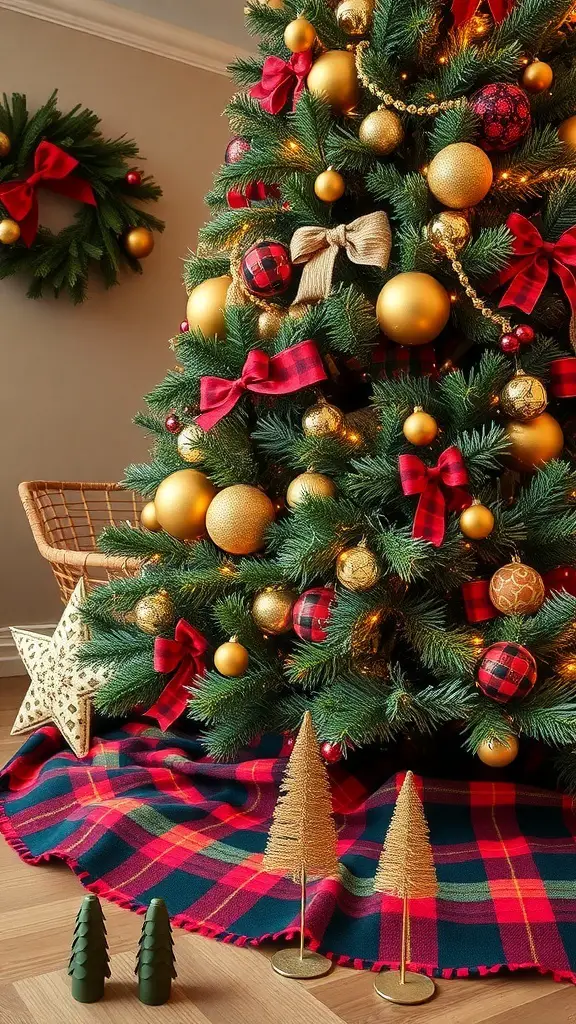 23+ Unique Christmas Tree Skirt Ideas for a Festive Touch 4 A Christmas tree decorated with gold ornaments and red bows, sitting on a plaid tree skirt.