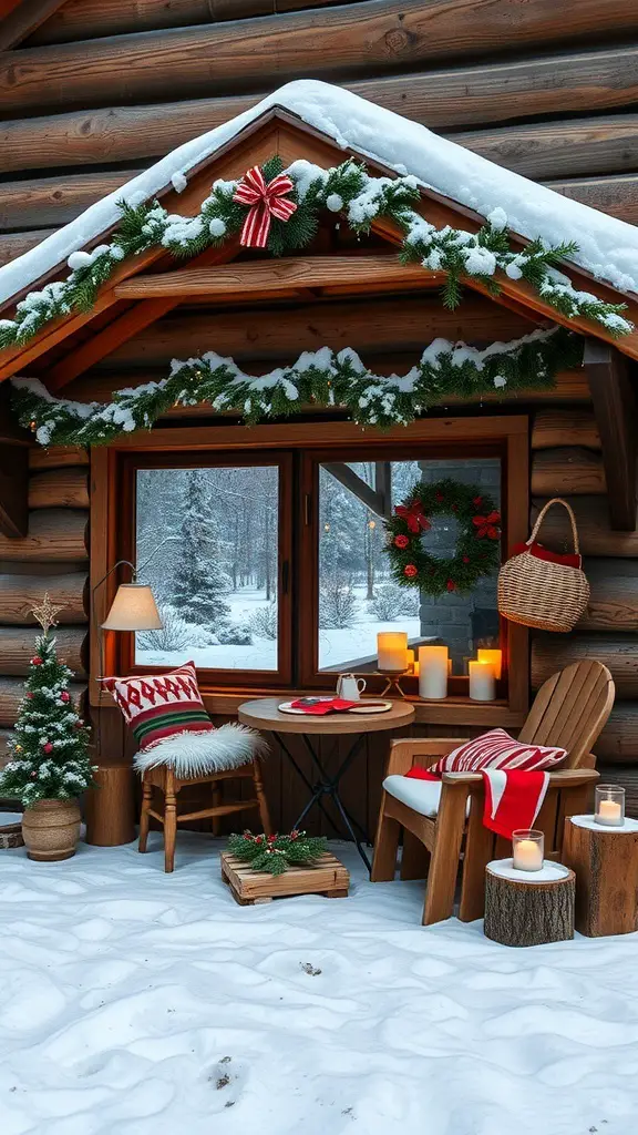 27+ Stunning Christmas Wall Art Ideas for a Festive Home 16 A cozy cabin decorated for Christmas with snow, garlands, and warm seating.