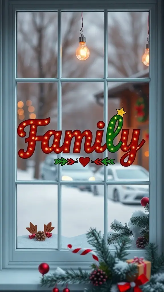 23+ Stunning Christmas Window Decorations to Brighten Your Home 12 A festive window decoration with the word 'Family' in bright letters, surrounded by holiday decor and a snowy view.