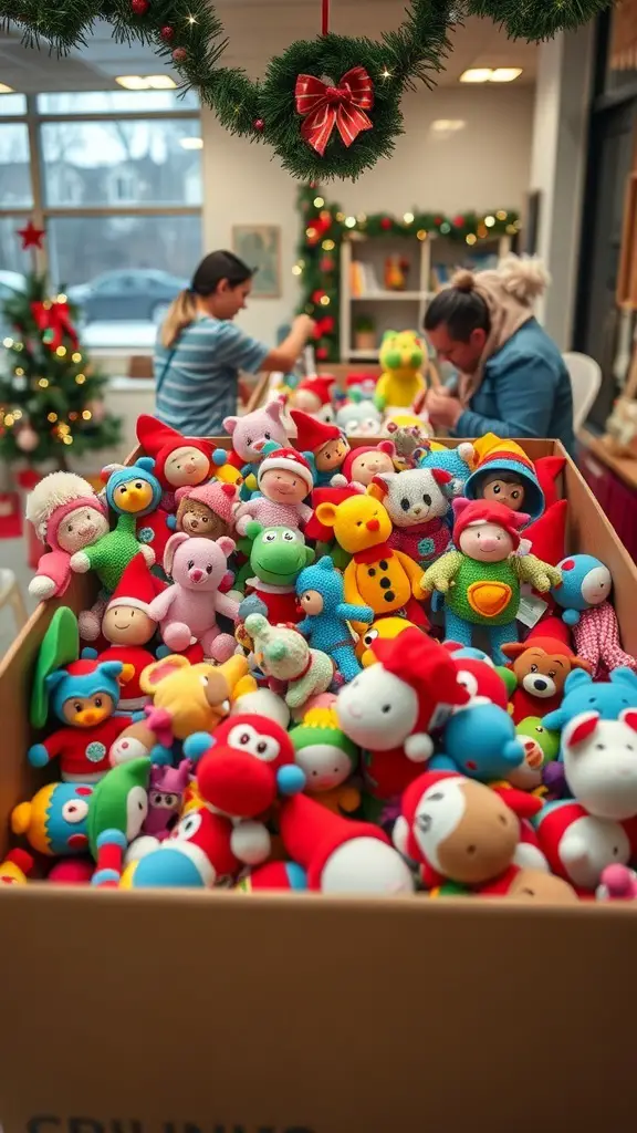 23+ Festive Christmas Event Ideas for a Joyous Celebration 12 A box filled with colorful toys and plush animals for a charity toy drive.