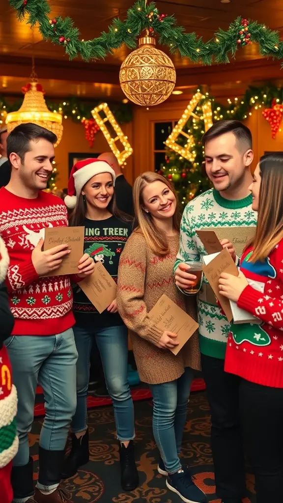 Group of friends in ugly Christmas sweaters, smiling and enjoying a festive gathering.