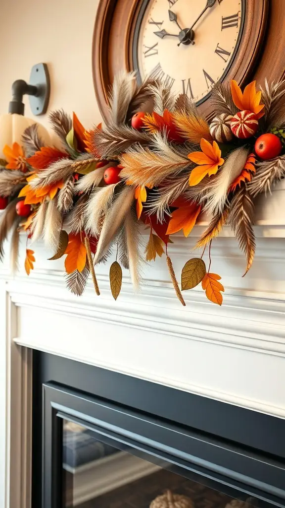 25+ Creative Thanksgiving Crafts for Adults 12 A beautifully arranged feathered garland with autumn leaves and decorative elements, displayed above a fireplace.
