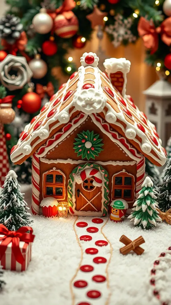 A decorated gingerbread house with candy details and festive decorations.