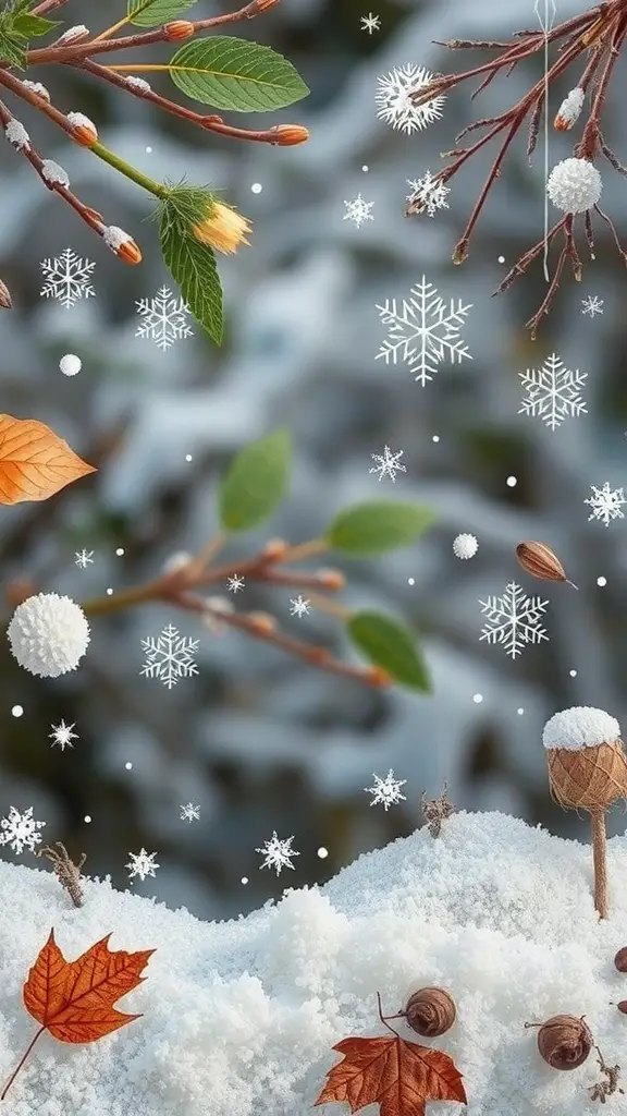 A collection of winter nature elements including branches, leaves, and snowflakes.