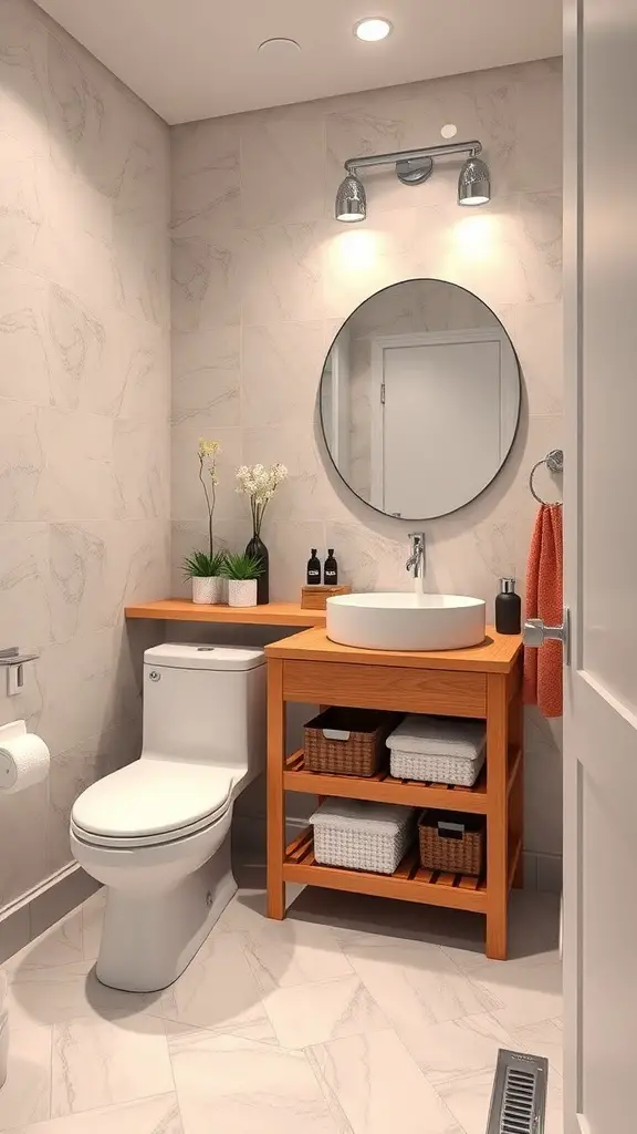 Stylish corner bathroom vanity with wooden frame, round mirror, and open shelving