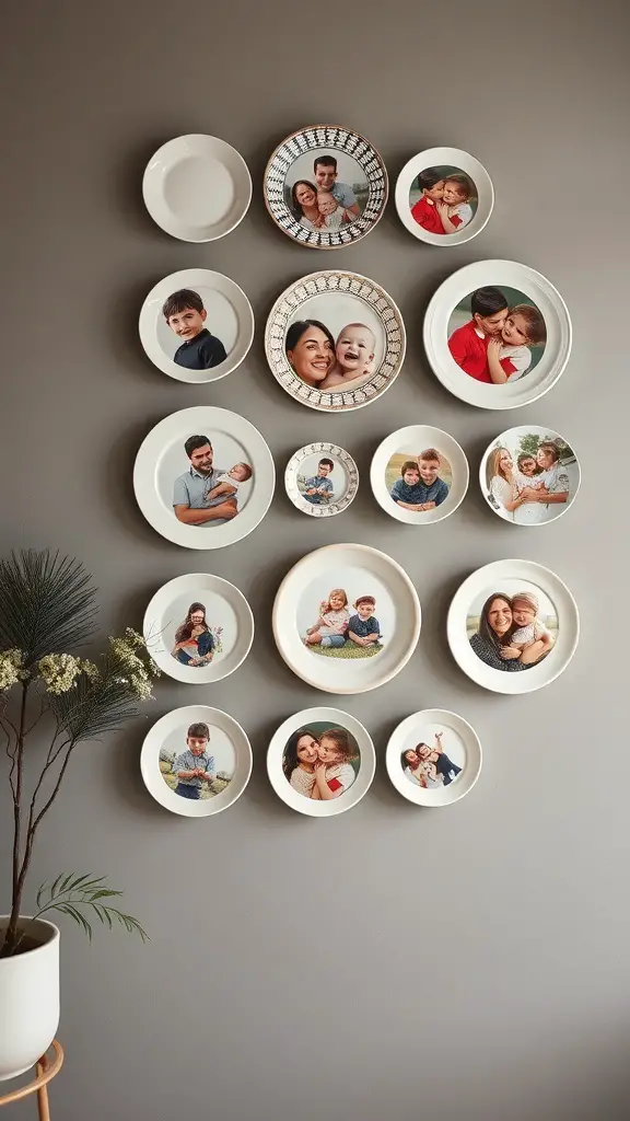 29+ Creative Ideas for a Stunning Plate Wall Display 12 A wall display of decorative plates featuring family photos.