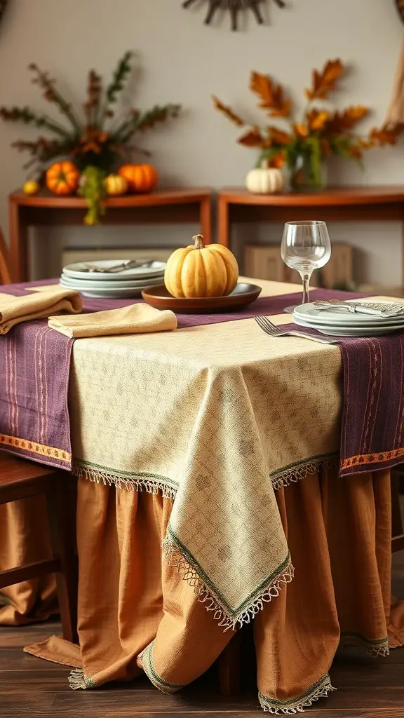 A Thanksgiving table set with layered fabrics, featuring a purple top layer and a warm-toned underlayer, adorned with pumpkins and decorative elements.