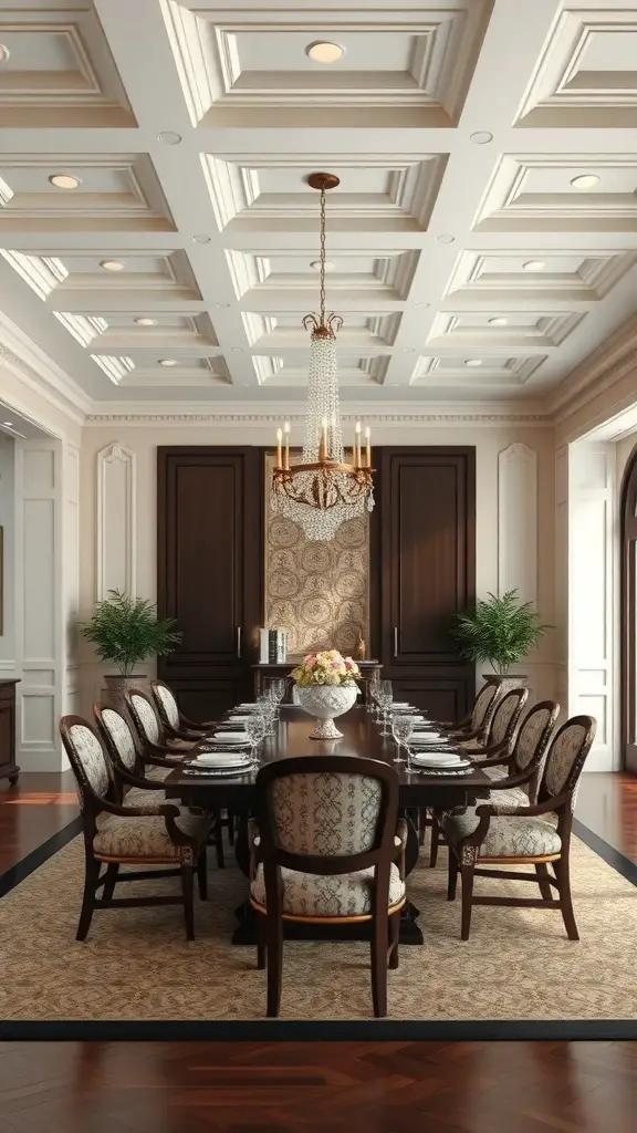 27+ Stunning Wall Molding Ideas to Transform Your Space 16 A dining room with a coffered ceiling, elegant chandelier, and rich wooden furniture.