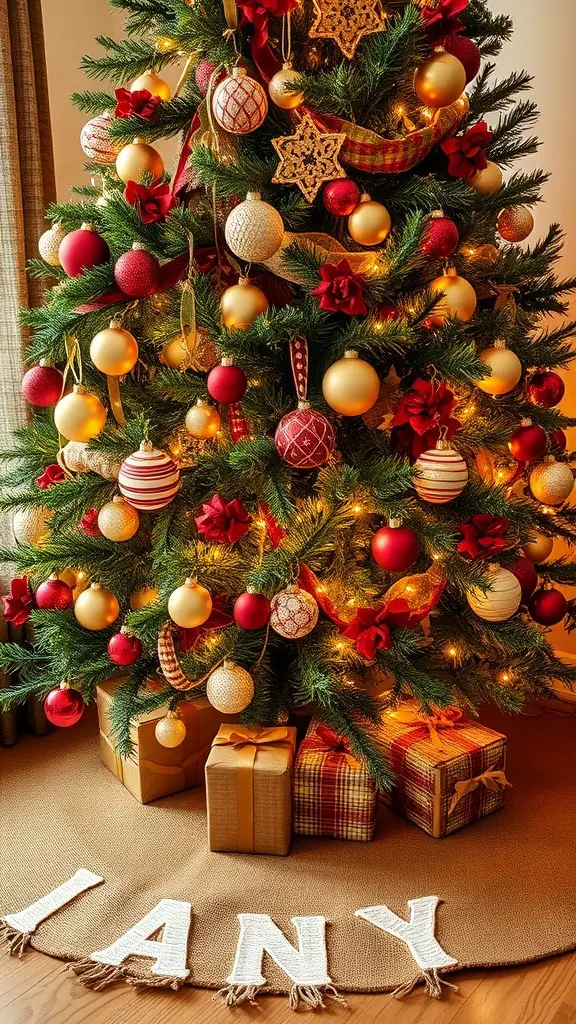 23+ Unique Christmas Tree Skirt Ideas for a Festive Touch 8 A rustic burlap tree skirt under a beautifully decorated Christmas tree with red and gold ornaments.