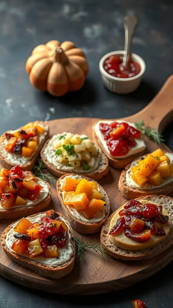 A wooden platter with various bruschetta topped with colorful ingredients, including pumpkin and cranberry sauce, alongside a small pumpkin.