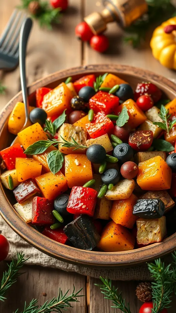 A colorful bowl of roasted vegetable medley with bell peppers, sweet potatoes, and herbs.