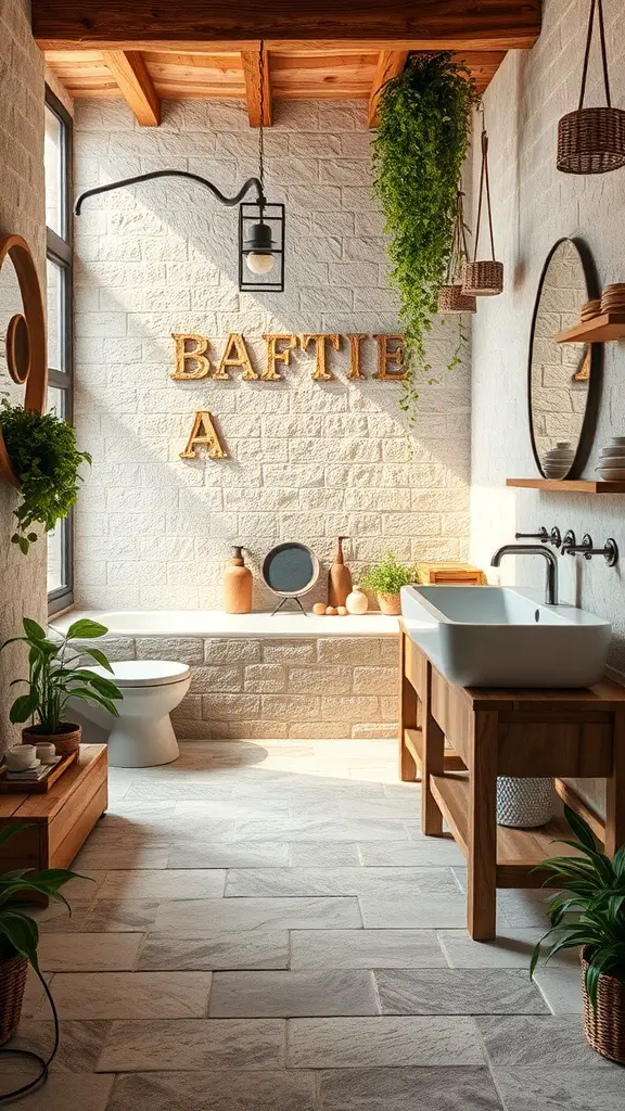29+ Stunning Bathroom Flooring Ideas to Transform Your Space 4 A bathroom with textured stone flooring, wooden accents, and plants.