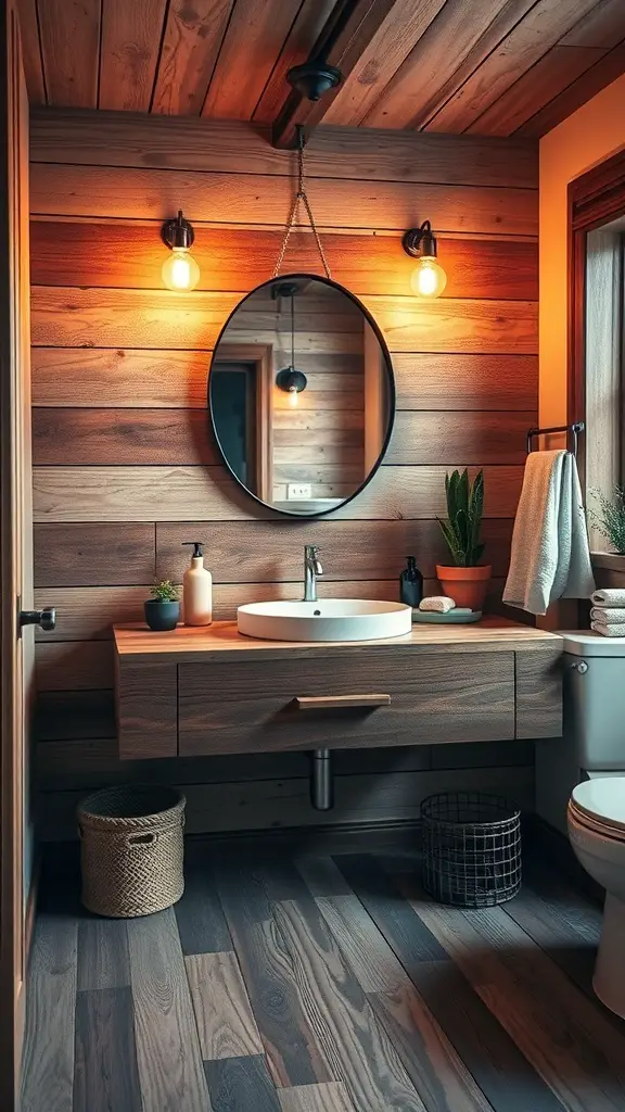 27+ Stunning Floating Vanity Ideas for Your Bathroom Renovation 7 A rustic bathroom featuring wooden walls, a floating vanity, and warm lighting.