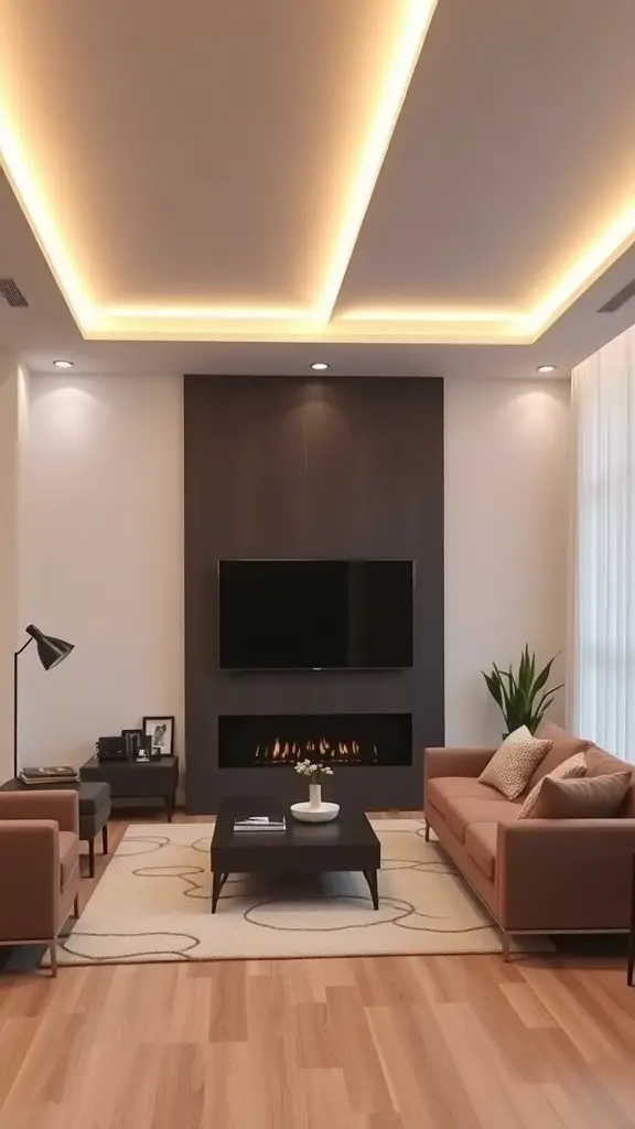 27+ Stunning Wall Molding Ideas to Transform Your Space 10 A modern living room featuring ceiling molding with integrated lighting, creating a warm and inviting atmosphere.