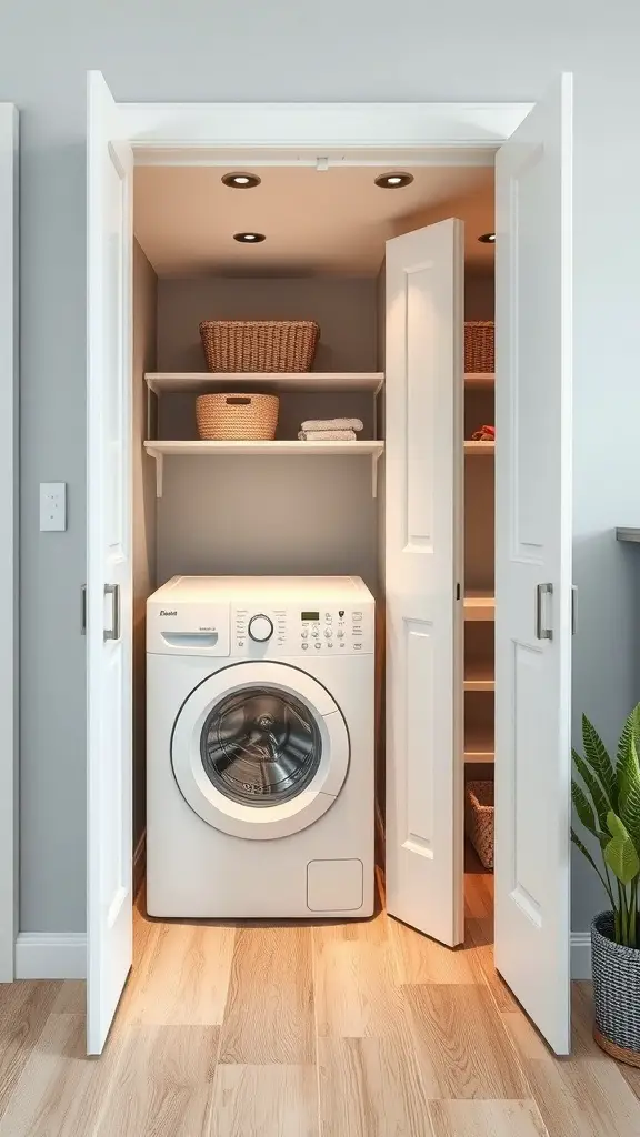 A compact laundry closet featuring a washing machine, shelves, and decorative baskets.