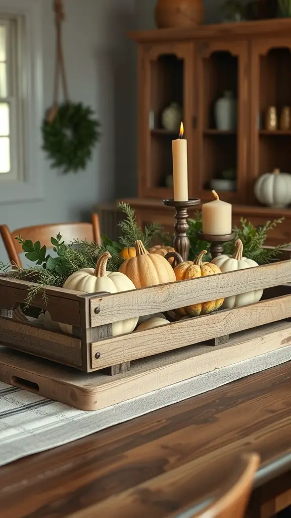 A rustic wooden crate filled with pumpkins and greenery, with candles on a dining table.