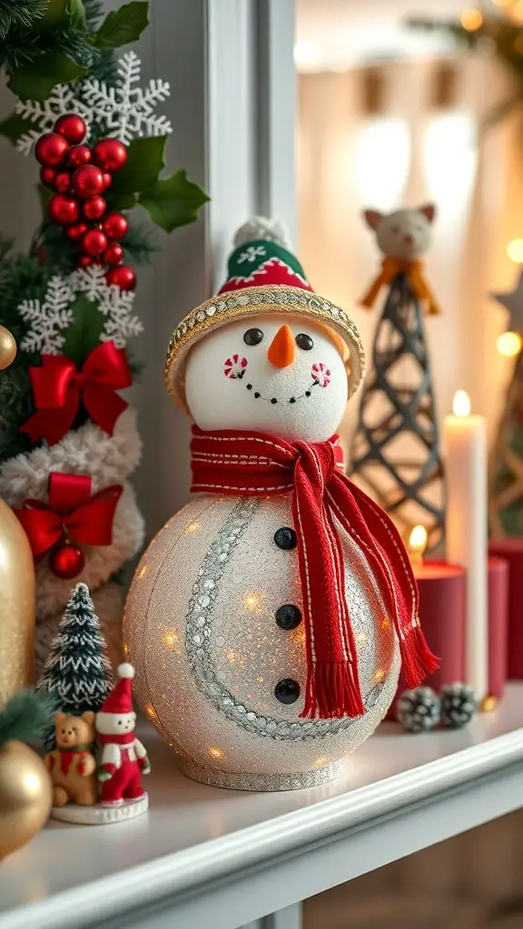 A decorative snowman with a scarf and hat, surrounded by Christmas decor.