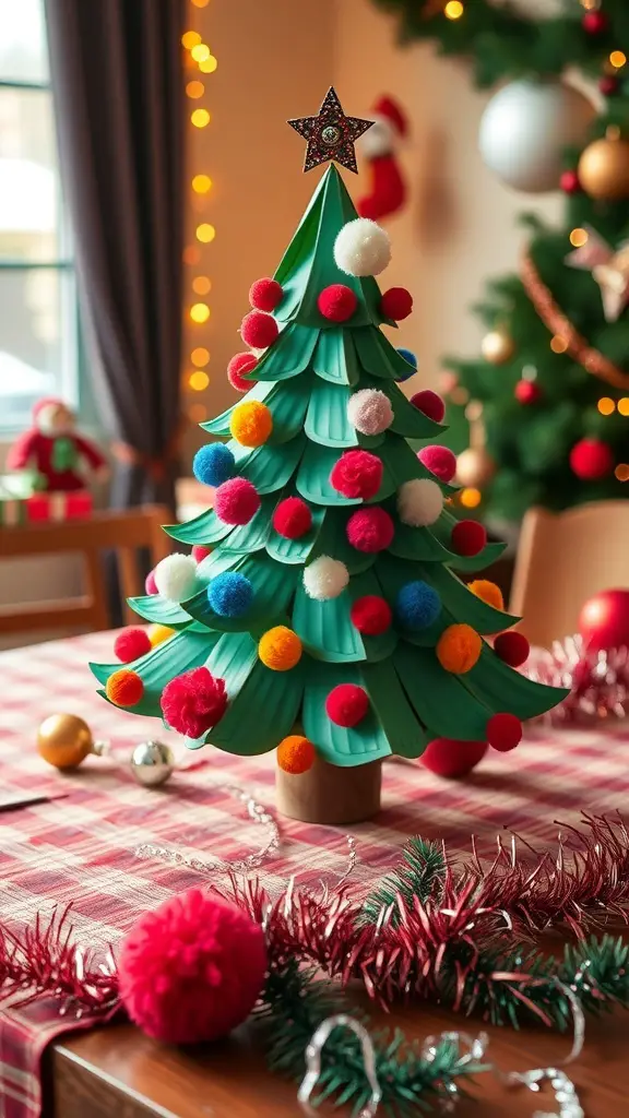 A colorful paper plate Christmas tree decorated with pom-poms and a star on top, set on a festive table.