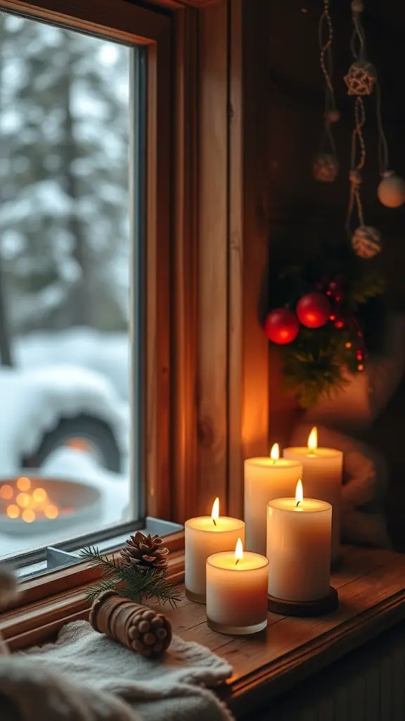 A cozy cabin window with flickering candles and a snowy view outside.