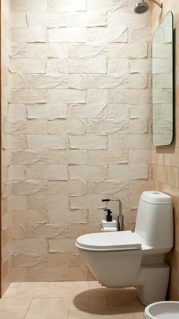 A bathroom featuring textured stone-like tiles on the wall, with a toilet and a mirror.