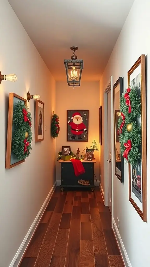 27+ Festive Christmas Hallway Ideas to Transform Your Home 6 A cozy holiday hallway decorated with wreaths, Santa artwork, and festive decorations.