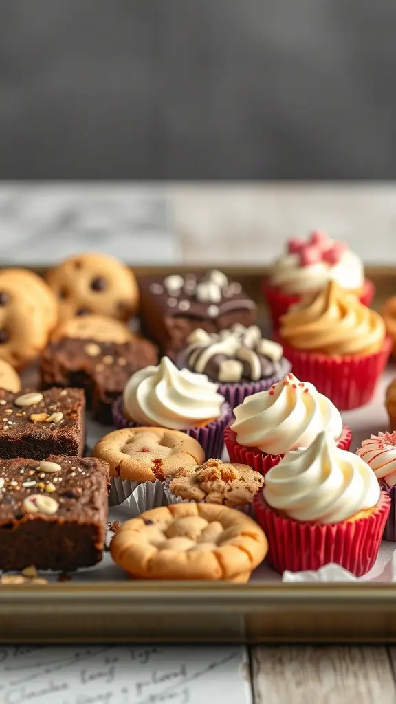 A variety of sweet treats including brownies, cookies, and cupcakes arranged on a tray.