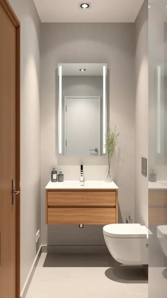 29+ Stunning Vertical Mirror Ideas to Transform Your Narrow Bathroom 13 A narrow bathroom featuring a floating vanity with a vertical mirror, showcasing a modern design.