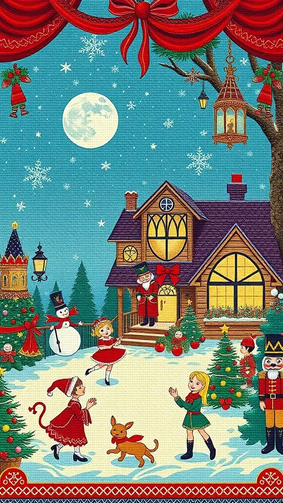 27+ Festive Christmas Cross Stitch Patterns to Brighten Your Holiday Season 9 A festive Christmas scene featuring children playing in the snow, a cozy house, and a Nutcracker soldier.