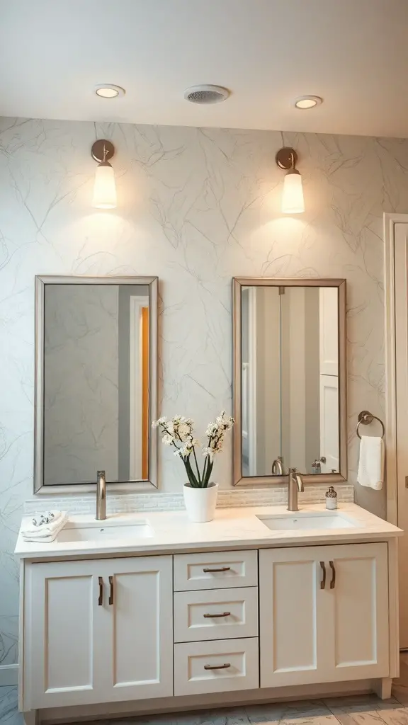 25+ Stunning Double Vanity Lighting Ideas for Your Bathroom 14 A double vanity with soft dimmer lighting, featuring elegant wall sconces and a calming decor.