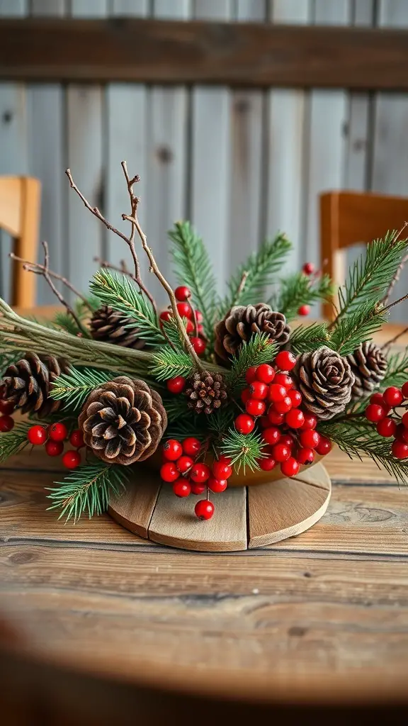 A rustic centerpiece featuring pinecones, red berries, and greenery on a wooden base.