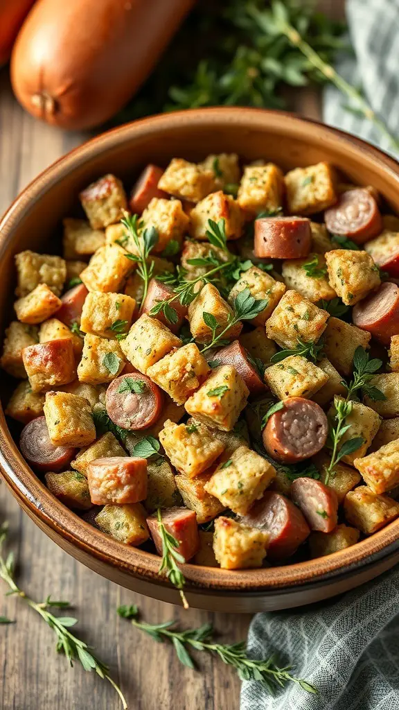 25+ Must-Have Dishes for Your Christmas Dinner Buffet 3 A bowl of savory stuffing with sausage and sage, featuring golden bread cubes and sliced sausage pieces, garnished with fresh herbs.