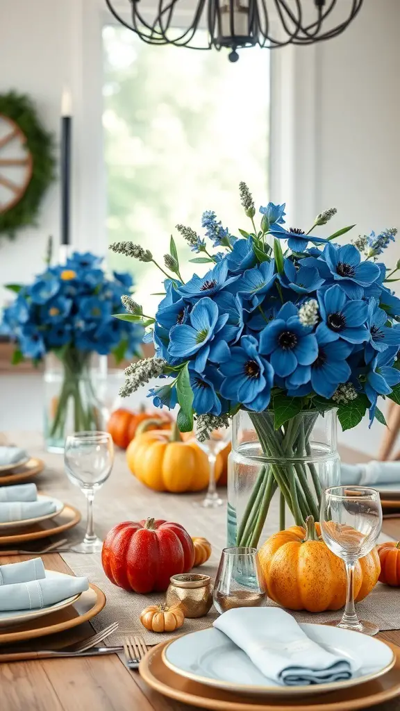 A Thanksgiving table decorated with blue floral arrangements and pumpkins.