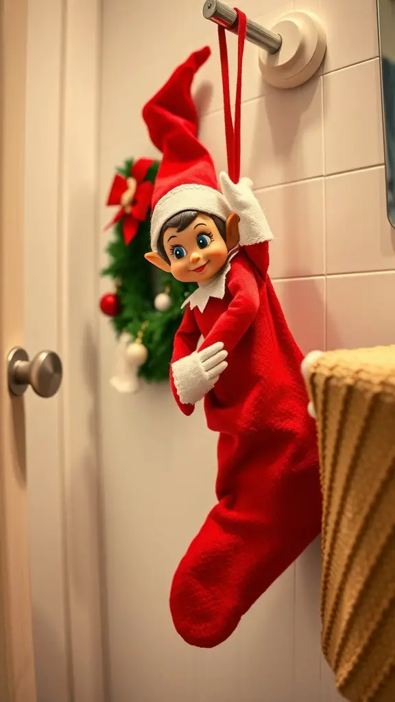 25+ Creative Elf on the Shelf Bathroom Ideas You Need to Try 12 Elf on the Shelf in a red Christmas stocking hanging in a bathroom
