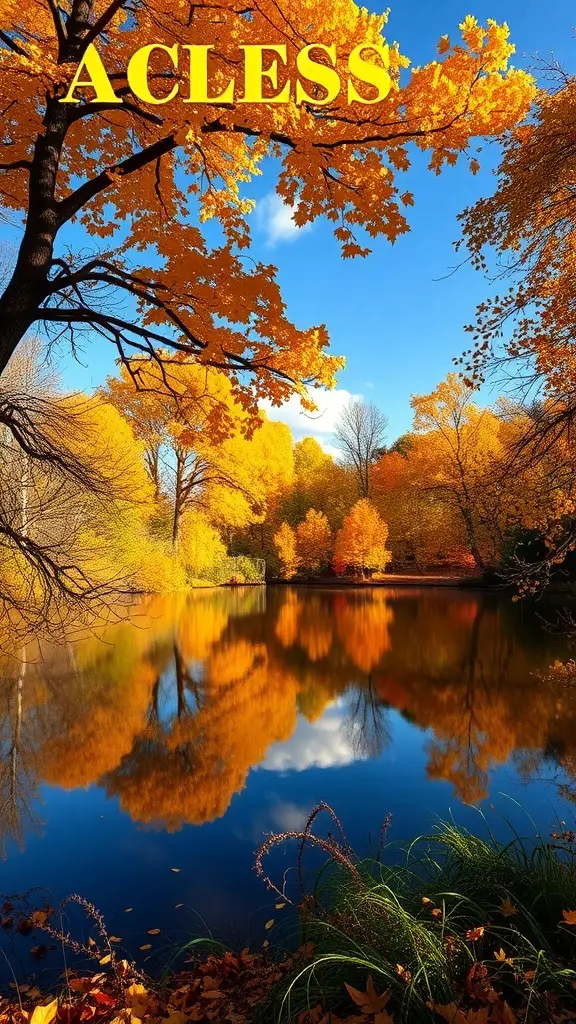 A vibrant autumn landscape featuring colorful trees and a reflective pond.