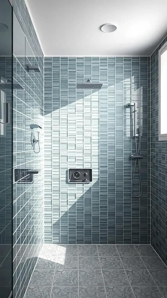 A modern shower area featuring blue glass tiles on the walls and patterned tiles on the floor.