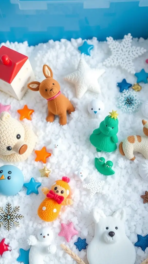A colorful winter-themed sensory bin filled with fluffy white material, animal figures, and decorative stars.