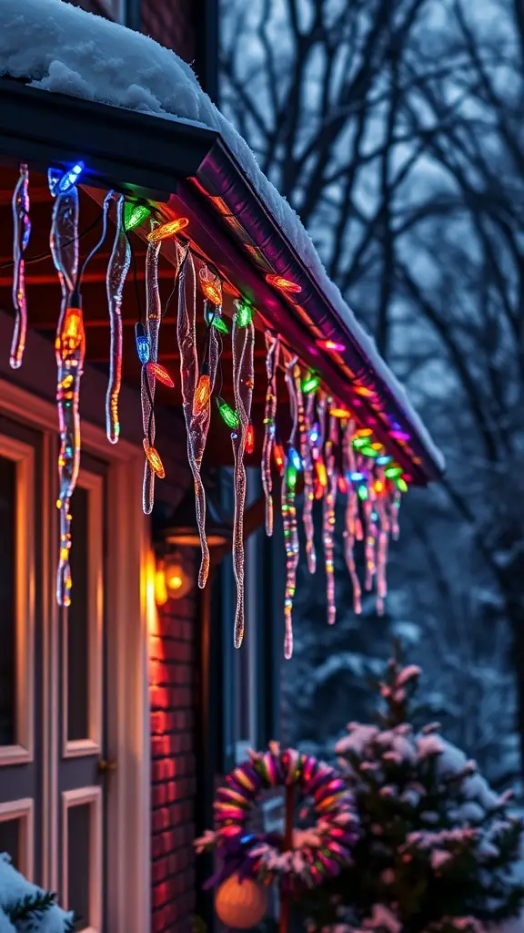 Colorful LED icicle lights hanging from a snowy roof