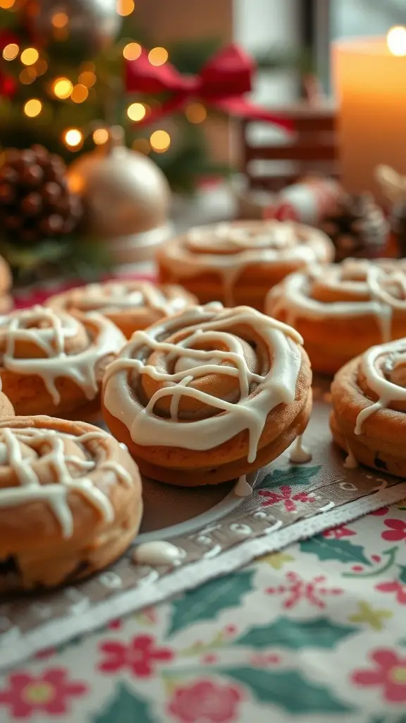 A plate of cinnamon roll cookies drizzled with cream cheese frosting, set against a festive holiday background.